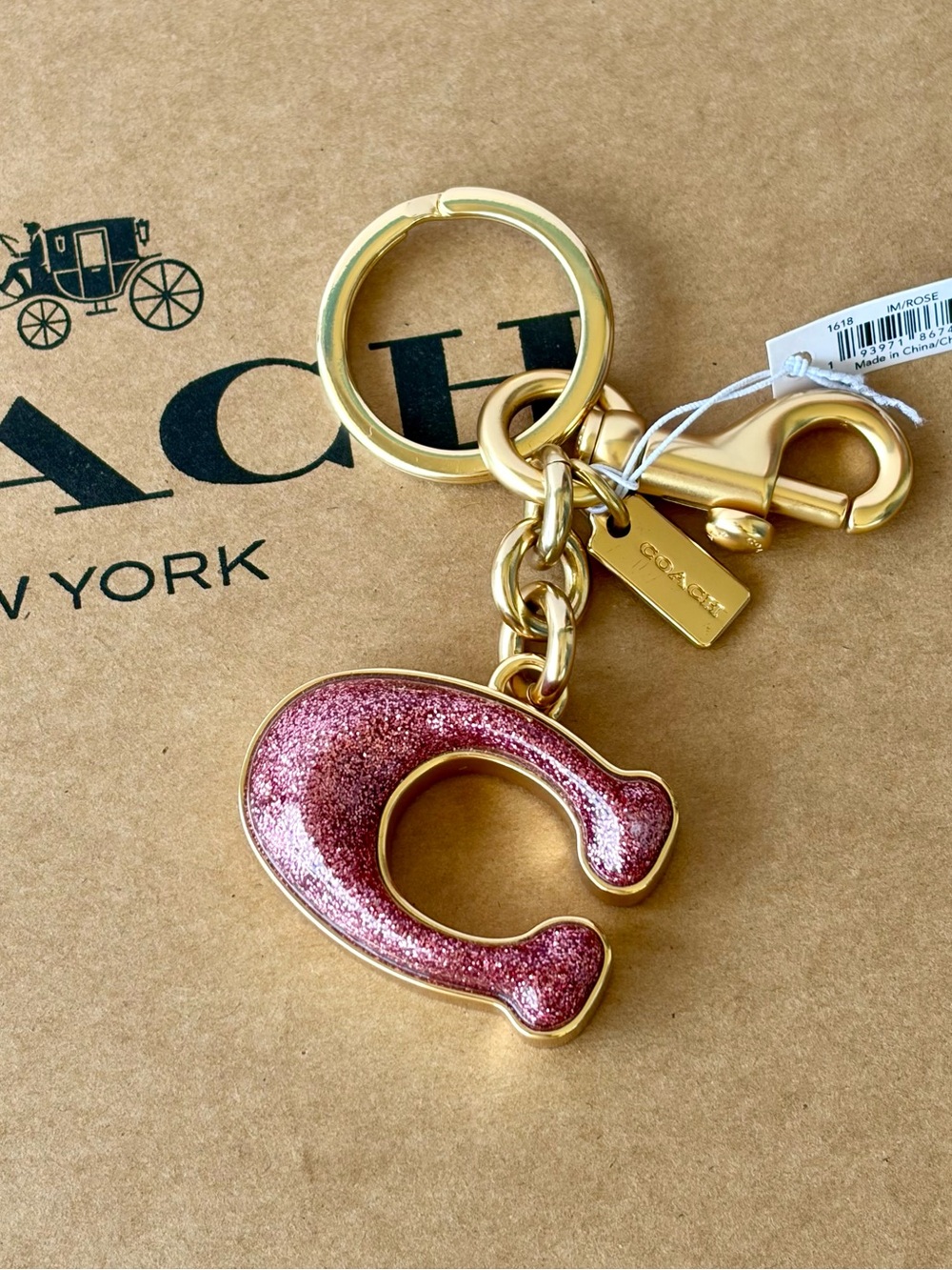 Coach Pink Glitter C Key Fob Bag Charm with Gold Hardware - Picture 4 of 7